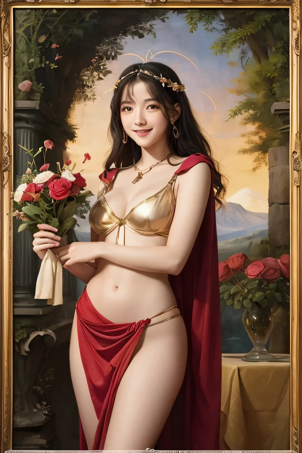 Giorgione painting style,Arguments of two female Philosophe,math、astronomical machine、astronaut、roses in vase、fruits、Cute trinkets、smile、ancient greek costume、Background is a forest lake at night 、Clothes that stretch your shoulders、A big smile、beautiful bare skin、A detailed representation of the seducing woman throughout her body.sexy,erotic smile