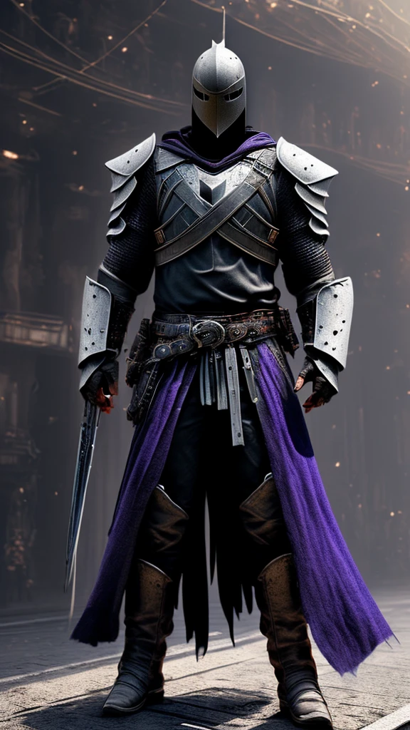 a knight , (purple armour) ,(black armour), cinematic lighting, full body, long cloak, hooded assassin, black wings, ambient lighting, (best quality,4k,8k,highres,masterpiece:1.2),ultra-detailed,(realistic,photorealistic,photo-realistic:1.37),(blue eyes),dramatic composition,intricate details,moody atmosphere,chiaroscuro lighting,dynamic pose,powerful presence, face visible