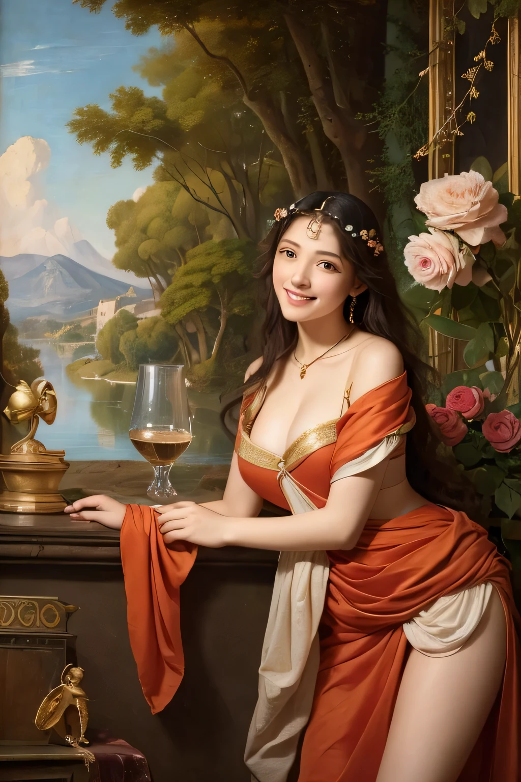 Giorgione painting style,Arguments of two female Philosophe,math、astronomical machine、astronaut、roses in vase、fruits、Cute trinkets、smile、ancient greek costume、Background is a forest lake at night 、Clothes that stretch your shoulders、A big smile、beautiful bare skin、A detailed representation of the seducing woman throughout her body.sexy,erotic smile