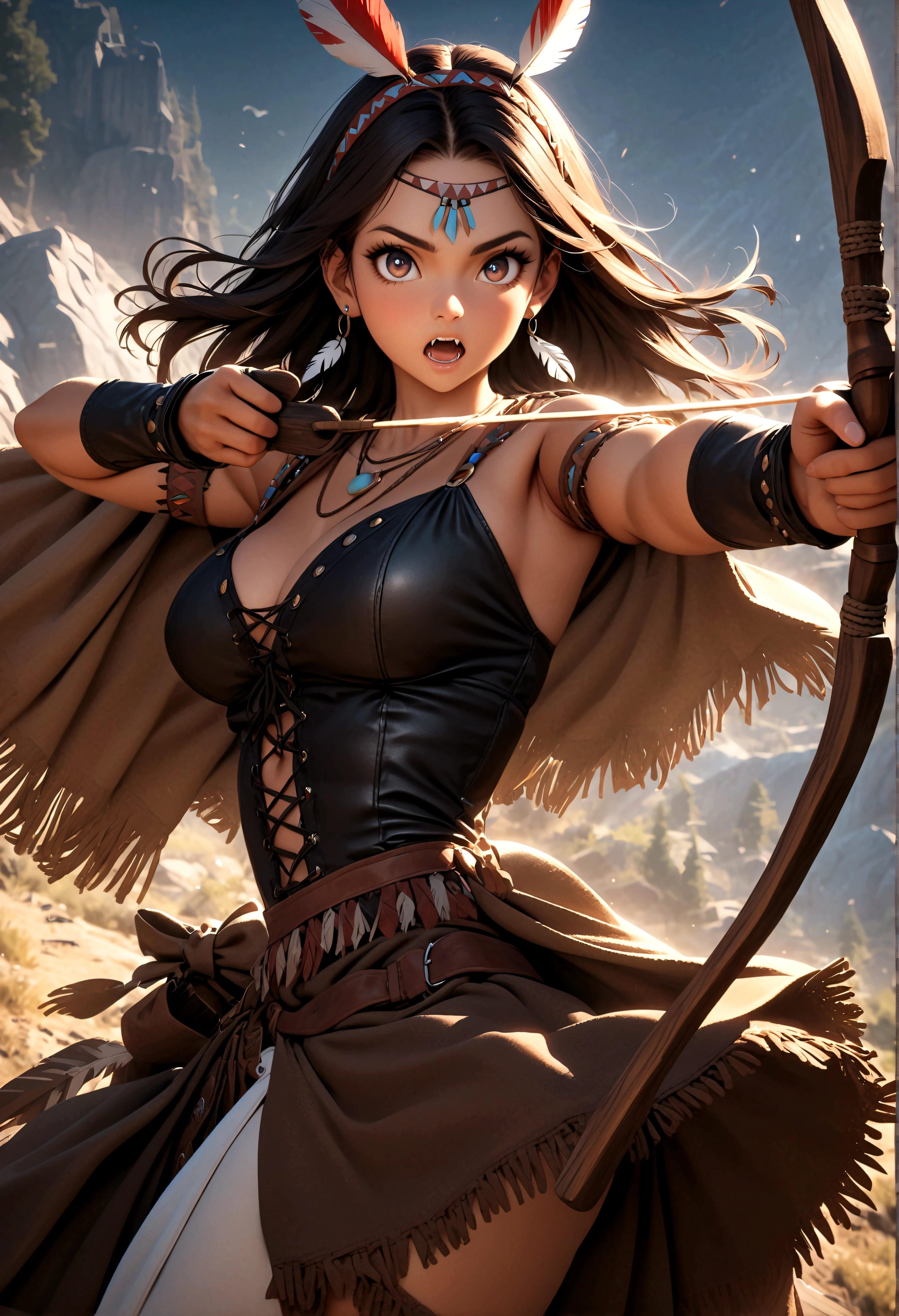 quality\(8k,wallpaper of extremely detailed CG unit, ​masterpiece,hight resolution,top-quality,top-quality real texture skin,hyper realisitic,increase the resolution,RAW photos,best qualtiy,highly detailed,the wallpaper,cinematic lighting,ray trace,golden ratio\), BREAK ,Native American female archer\(cute,beautiful,age of 18,muscular,(aiming a wooden bow:1.5),dark skin,dark floating hair,dark shiny eyes,big eyes,face with strong will,leather dress\(fringe, glass beads\),indian cape\(fringe, glass beads\), war bonnets\(Native American feather crown\),shiny dark fresh skin,breast,necklace\(lots of fangs),indian moccasins,glass bead earrings) riding on the white horse, BREAK ,background(outside,American wilderness,western era),Dynamic action poses, dynamic angles, looking at viewer,(long shot:1.5),(wide shot)