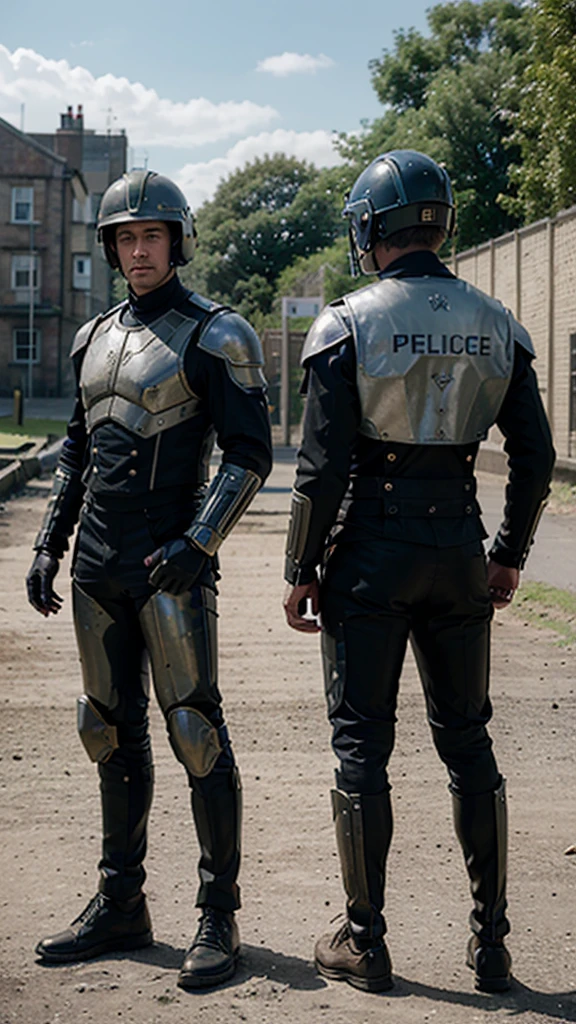 There are four men with helmets standing in a row., ciber steampunk 8k 3d, television screenshot, the fifth series, Police photo, anthropomorphic machine, standing in a vacant lot, wales, promotional shot