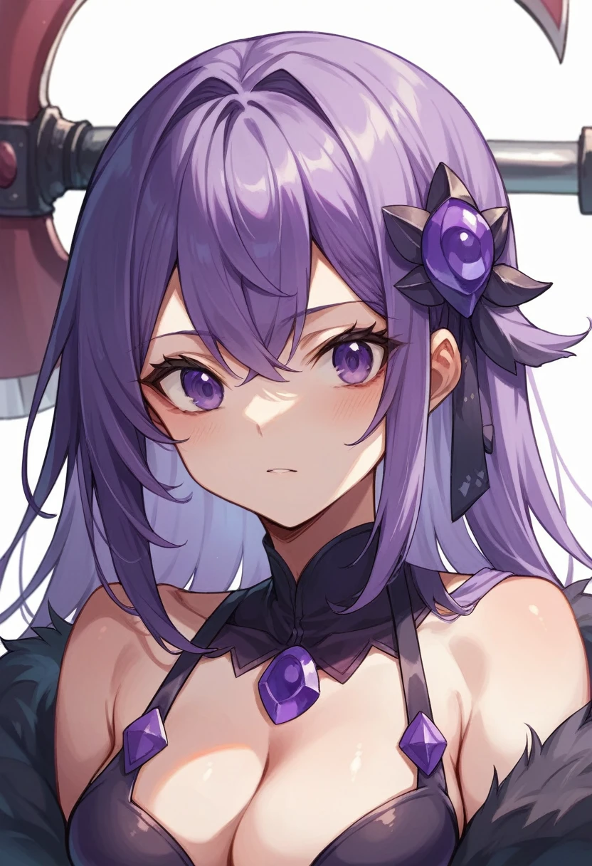 Keito。Purple Eyes。Purple Hair。Purple big axe。Amethyst hair accessory