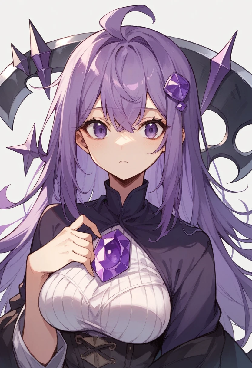 Keito。Purple Eyes。Purple Hair。Purple big axe。Amethyst hair accessory