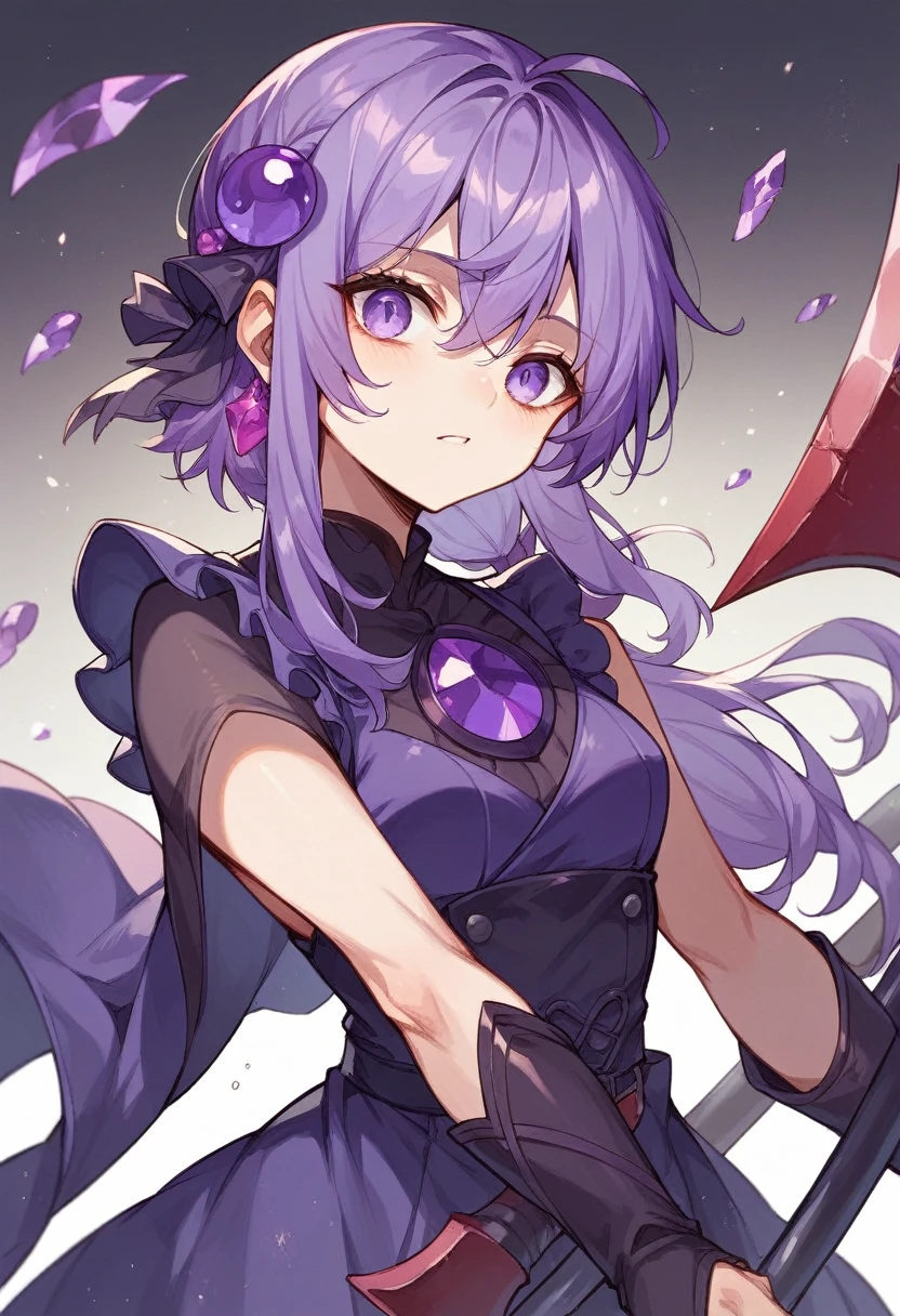 Keito。Purple Eyes。Purple Hair。Purple big axe。Amethyst hair accessory