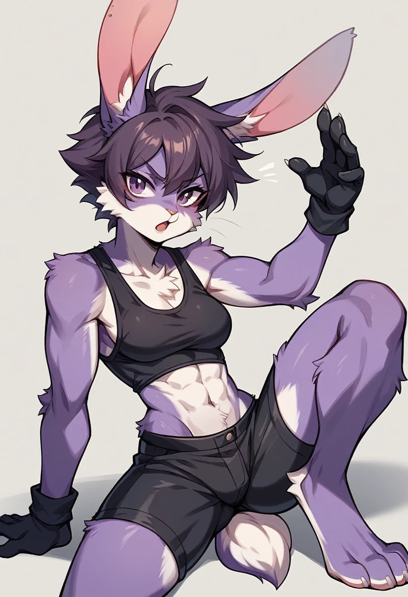 create a picture of a half rabbit character with purple giant rabbit digitigrade legs with white paws, put purple rabbit ears on top of her head, make her wearing black shorts and a tight black athletic tank top and black gloves, put purple fur on her arms from her elbows down, give her short brown hair, make her legs look fluffy and furry, make her look like she’s doing a powerful flying punch, make it in an anime style