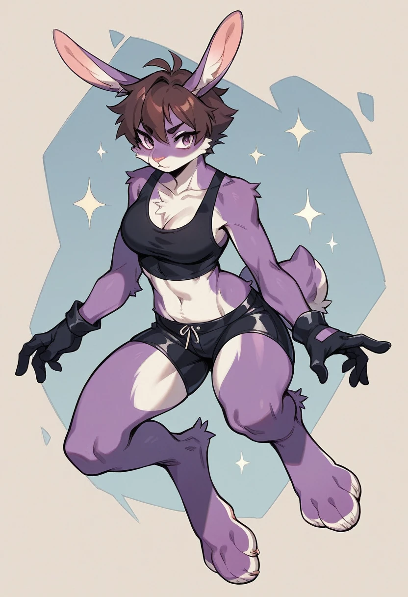 create a picture of a half rabbit character with purple giant rabbit digitigrade legs with white paws, put purple rabbit ears on top of her head, make her wearing black shorts and a tight black athletic tank top and black gloves, put purple fur on her arms from her elbows down, give her short brown hair, make her legs look fluffy and furry, make her look like she’s doing a powerful flying punch, make it in an anime style