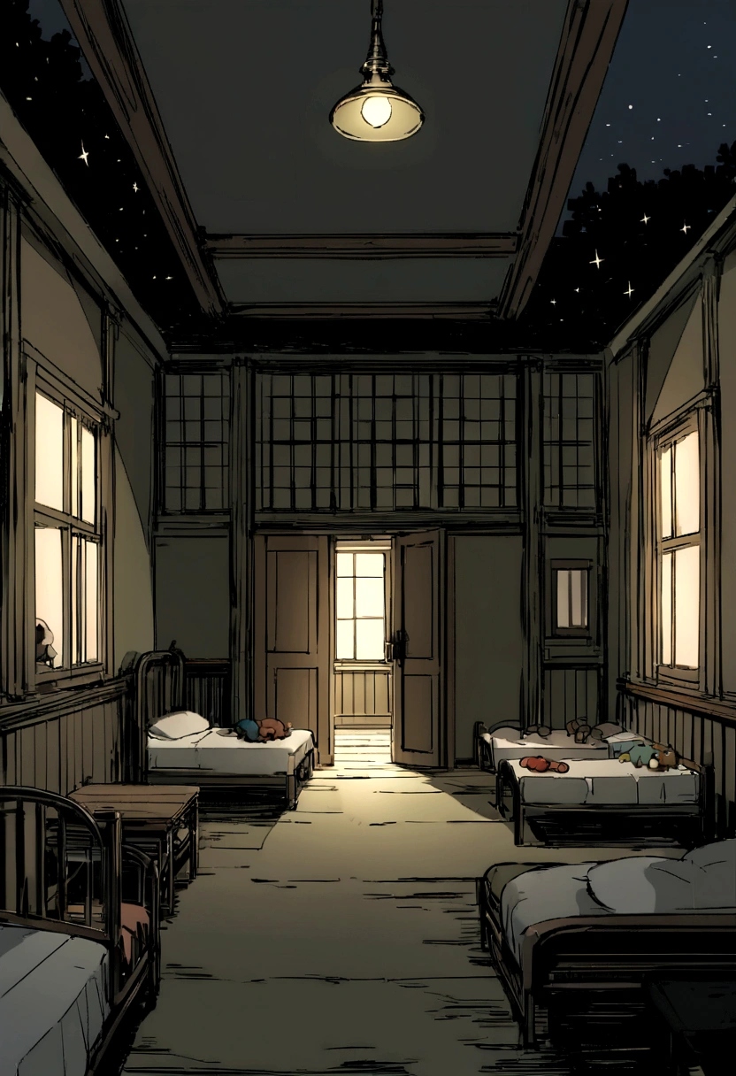 room in a shelter home, where you can see beds for orphans and toys with chests next to the beds, darkness in the room, light from an open door on the floor, wood and stone great room, tables and chairs, orphans&#39; bedroom, night, they are all sleeping