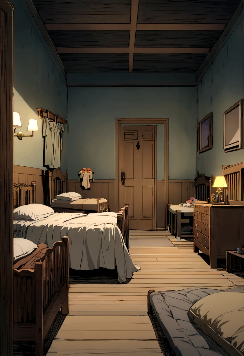 room in a shelter home, where you can see beds for orphans and toys with chests next to the beds, darkness in the room, light from an open door on the floor, wood and stone great room, tables and chairs, orphans&#39; bedroom, night, they are all sleeping