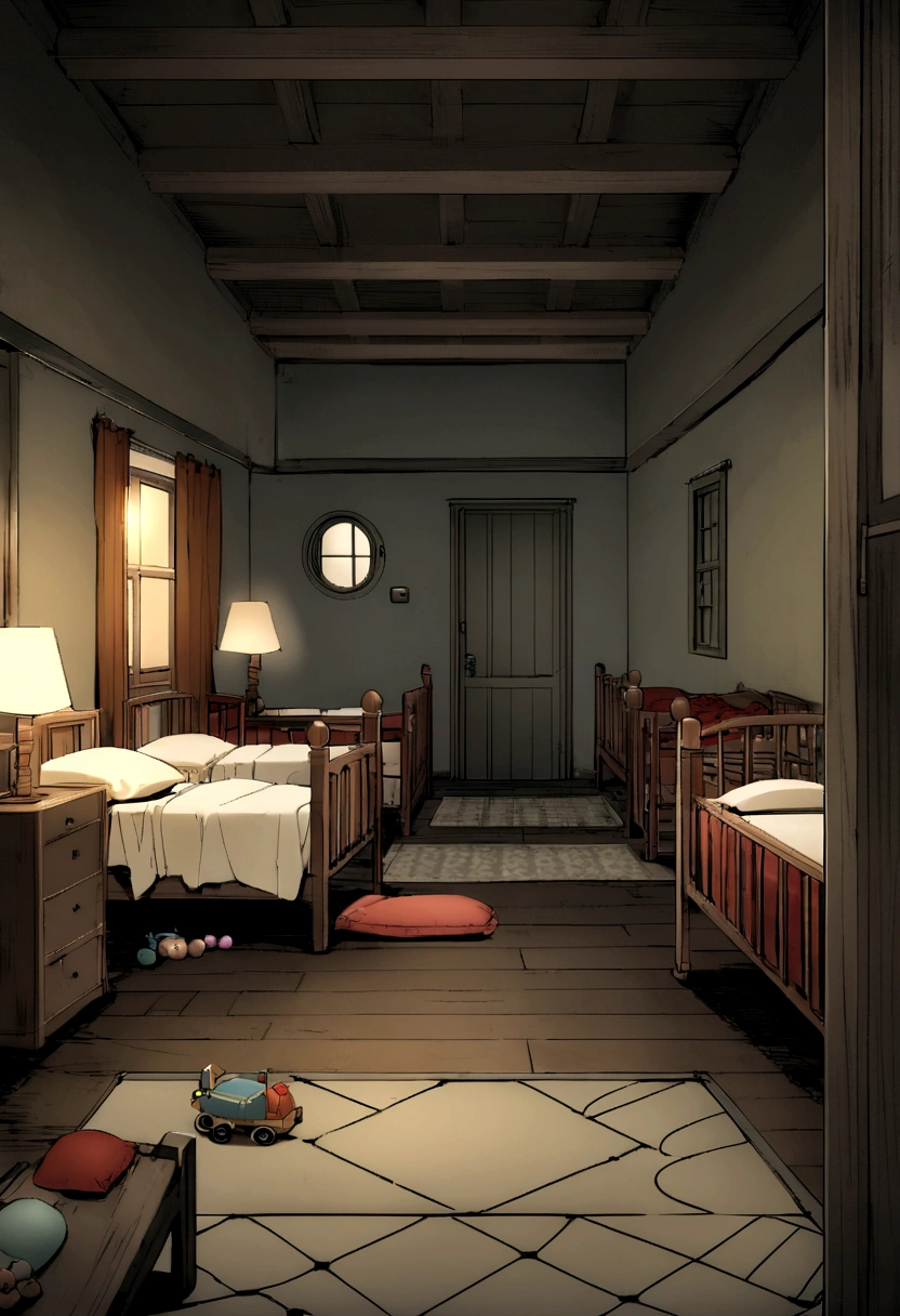 room in a shelter home, where you can see beds for orphans and toys with chests next to the beds, darkness in the room, light from an open door on the floor, wood and stone great room, tables and chairs, orphans' bedroom, night, they are all sleeping