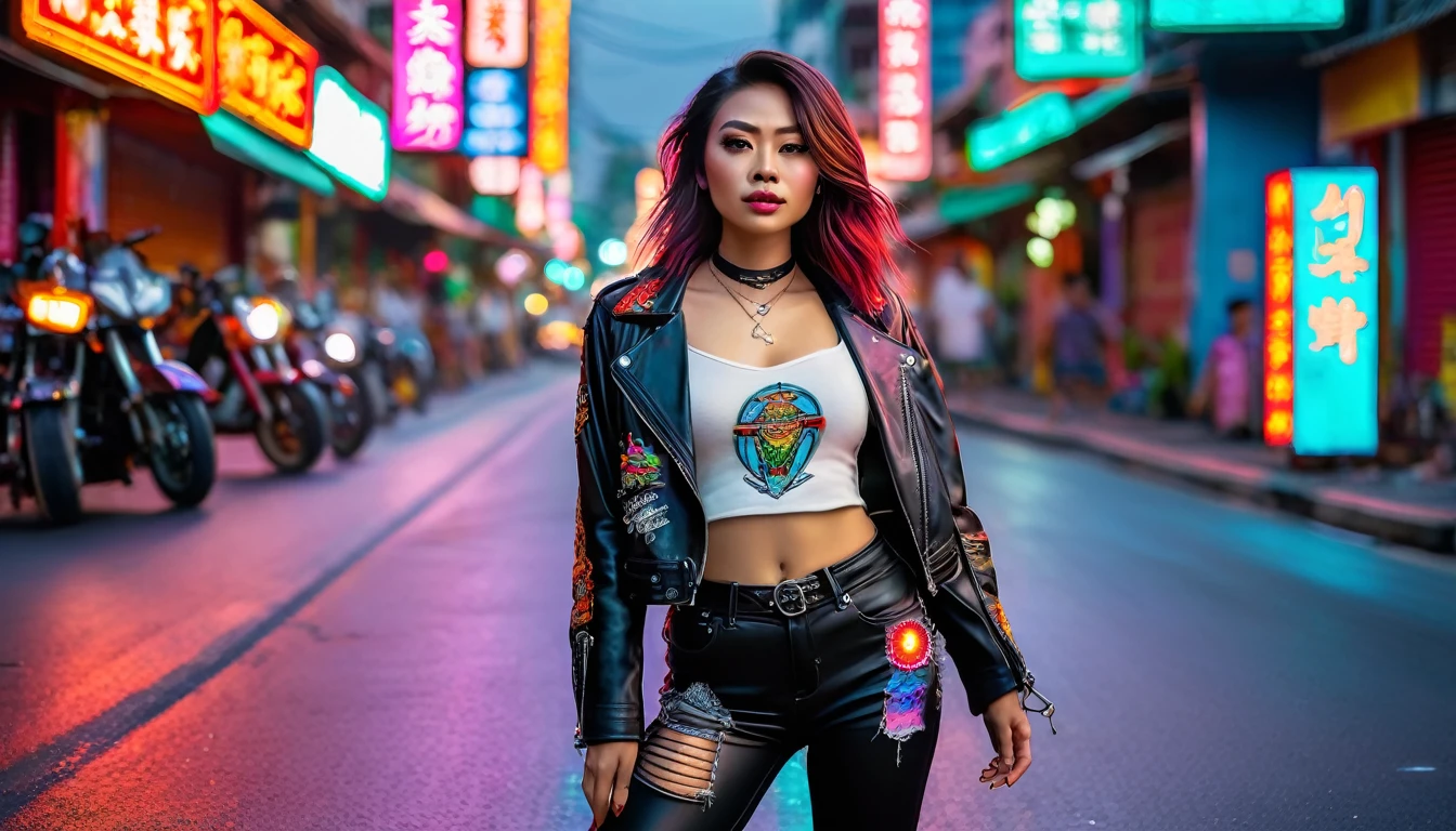 A woman Wearing a rocker style outfit, standing in the middle of the street. striking a cool pose., on the streets of Yaowarat china town in thailand, On an empty road, no people., The background is a road with colorful neon signs. in the night, has a follow light shining on his body., wide angle photography. bright colors, high contrast., Extreme detailed 32K realistic image, street photo