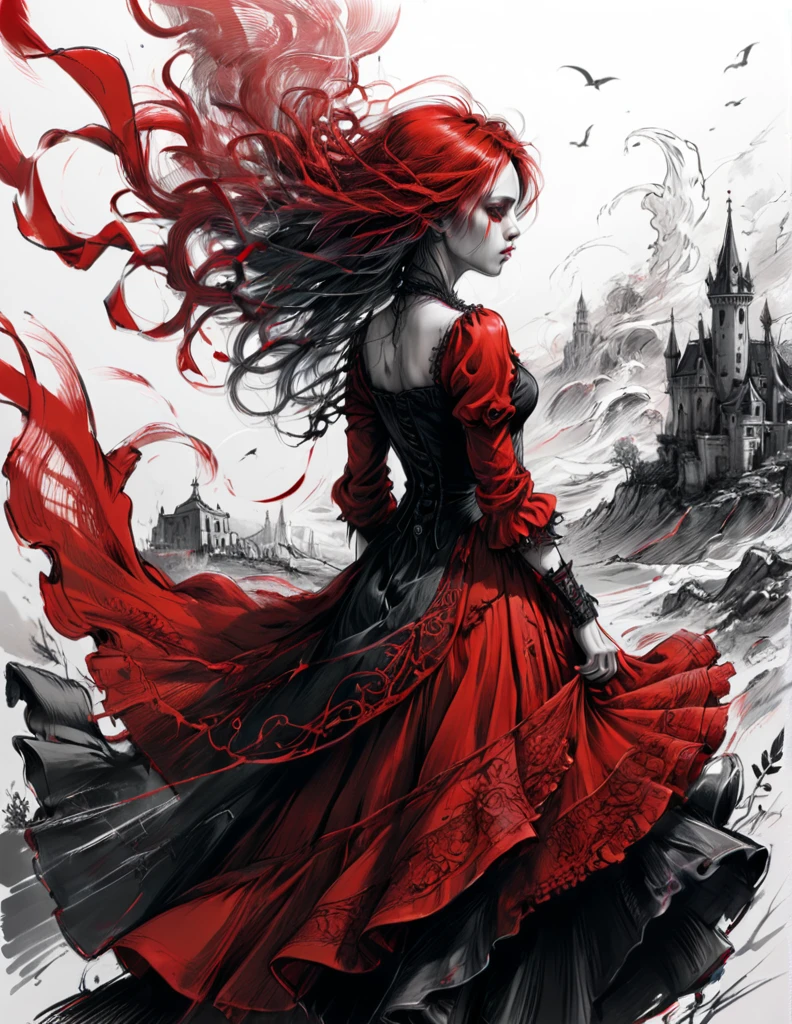 The wind is such that it knocks you off your feet... Sketch, red color, romanticism, gothic, red line drawing, precise drawing, hyper-detailed highly detailed extremely detailed high detail ultra detailed
