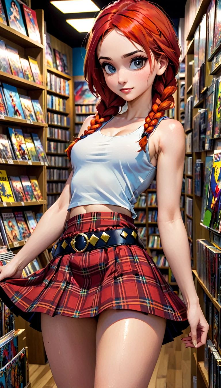 a beautiful girl with long red braided hair, wearing a plaid miniskirt, rope belt and tight tank top with pronounced nipples, standing in a comic book store, (best quality,4k,8k,highres,masterpiece:1.2),ultra-detailed,(realistic,photorealistic,photo-realistic:1.37),oil painting, portrait, vibrant colors, dramatic lighting, dynamic composition, Bill Sienkiewicz inspired art style