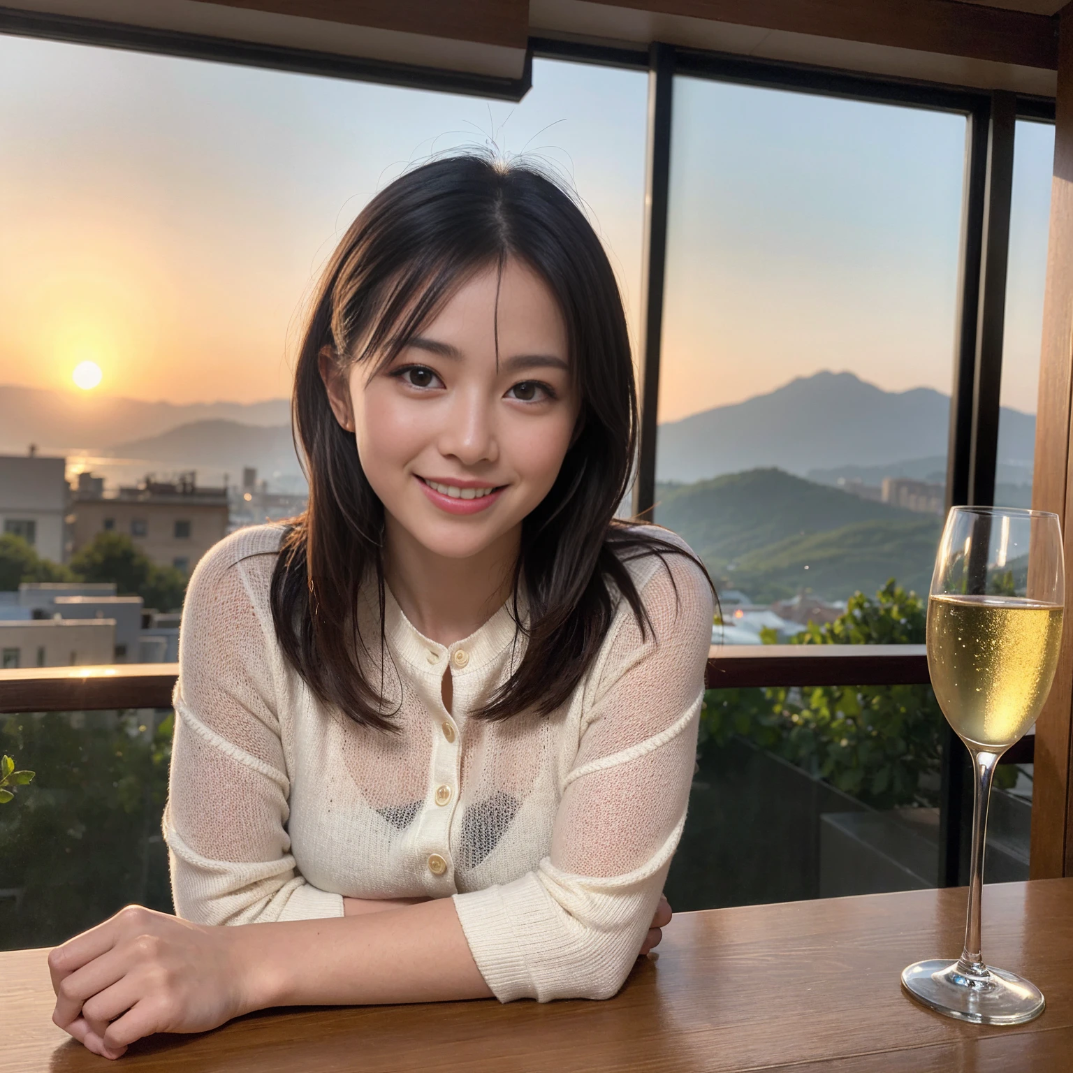 ((Highest quality、8K、masterpiece:1.3))、1 male、1 female、Couple、spouse、Couple、The body is slim、((Bob Hale、Straight hair:1.2)), (Realistic, Intricate details:1.2), テーブルの上のwine glass、Put the light on your face、 Amazing view of the sunset sky and clouds、Amazing mountain views、A bright smile、The wonderfulness of smile、Bright image、The beauty of wine, Beautiful Face, blue eyes, The light shines on your face, Blushing, short hair,Bright Face、 (Age 37), 39 years old, red wine 、Appetizers、Italian food、Wine bottle、Champagne、sparkling wine、Two beauties、Brown Hair、Shortcuts、Long sleeve shirt、dress、Beautiful woman 1, (slimな顔), (The body is slim), (Brown Hair), (Shortcuts), cheeks turn a little red,Attractive beauty、restaurant, In a prominent place (From the waist up) Nova Frog Style, actress, model, Upper Body, White wine, slim, wine glass, 中央に置かれたwine glass, smile, (smile: 1.15), Beautiful fine grain, Depth f/2,saturation, High Contrast, Strong light and shadow,Moist Body:1.5、3D texture、Delicate eyes、Brown Hair、The hair is very shiny、