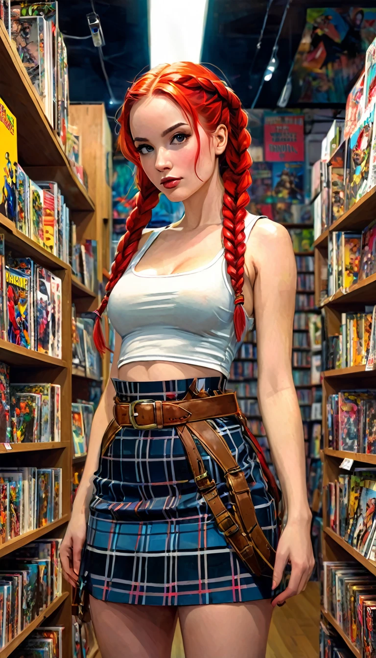 a beautiful girl with long red braided hair, wearing a plaid miniskirt, rope belt and tight tank top with pronounced nipples, standing in a comic book store, (best quality,4k,8k,highres,masterpiece:1.2),ultra-detailed,(realistic,photorealistic,photo-realistic:1.37),oil painting, portrait, vibrant colors, dramatic lighting, dynamic composition, Bill Sienkiewicz inspired art style