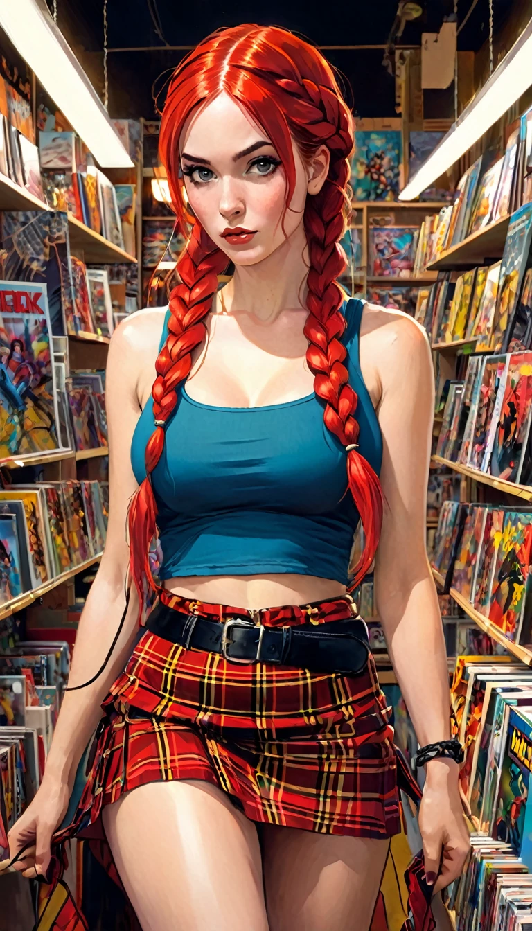 a beautiful girl with long red braided hair, wearing a plaid miniskirt, rope belt and tight tank top with pronounced nipples, standing in a comic book store, (best quality,4k,8k,highres,masterpiece:1.2),ultra-detailed,(realistic,photorealistic,photo-realistic:1.37),oil painting, portrait, vibrant colors, dramatic lighting, dynamic composition, Bill Sienkiewicz inspired art style