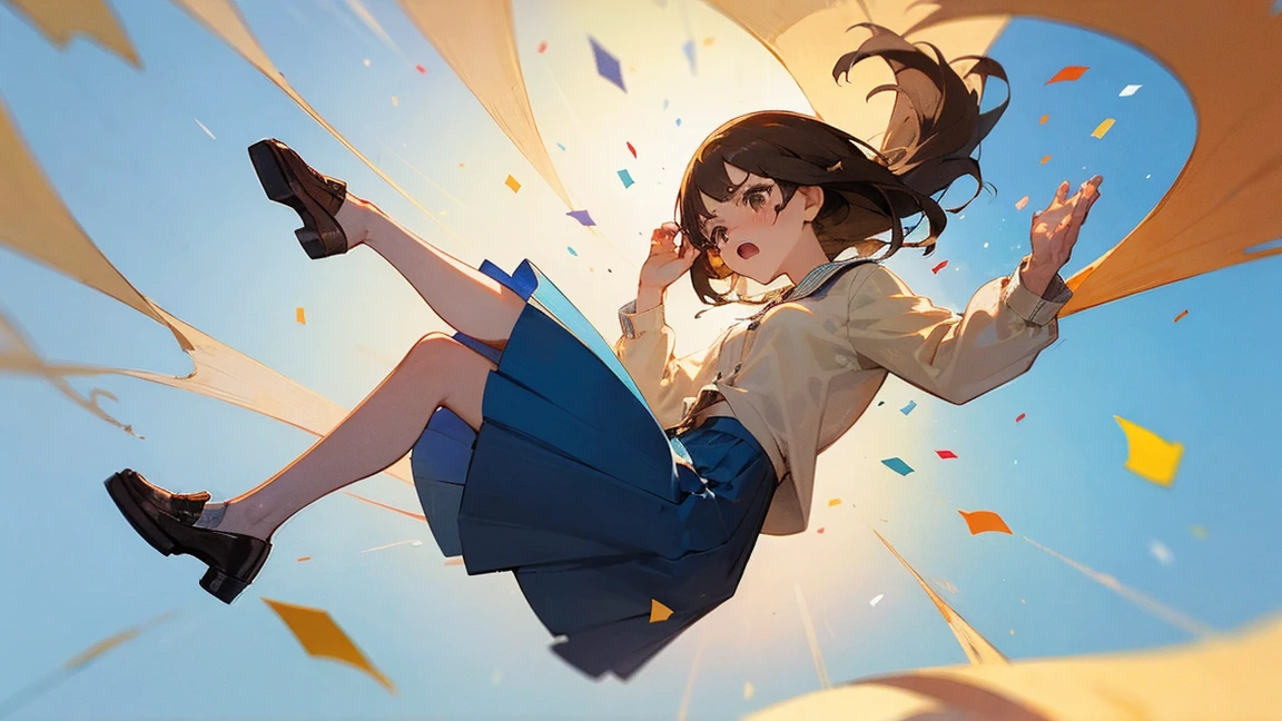 ((Highest quality)), ((masterpiece)), ((Very detailed)),Floatingする女の子,Angry expression，floating，Floating，Confetti，Brown Hair,tears,Levitating,Blue sky background,Feet in the air,tears,gravity,Long skirt,loafers,Raise both hands