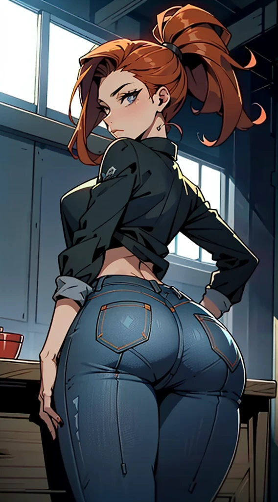 Mulher ruiva com seios grandes, rabo de cavalo, camisa vermelha, denim trousers, casual scenario she is leaning on something, a speech balloon, perfect eyes, perfect hands (((toma desde atras))) (((great ass)))