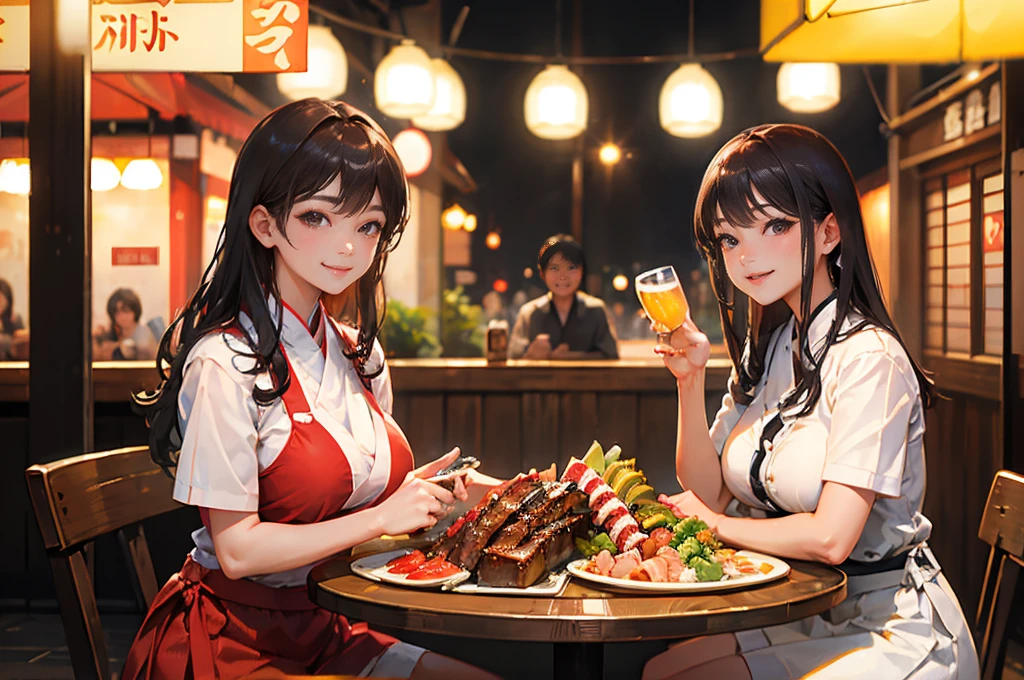 Photorealistic、Highest quality、Highest Resolution、Highest quality、８Ｋ、Beautiful woman、whole body、They are grilling delicious looking yakiniku.、smile、Smile、looks fun、Izakaya、Many customers、Beer 、cheers、Beer でcheers、