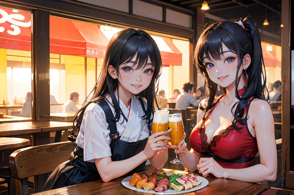 Photorealistic、Highest quality、Highest Resolution、Highest quality、8K、Beautiful woman、whole body、They are grilling delicious looking yakiniku.、smile、Smile、looks fun、Izakaya、Many customers、Beer 、cheers、Beer でcheers、