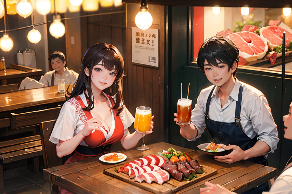 Photorealistic、Highest quality、Highest Resolution、Highest quality、8K、Beautiful woman、whole body、They are grilling delicious looking yakiniku.、smile、Smile、looks fun、Izakaya、Many customers、Beer 、cheers、Beer でcheers、