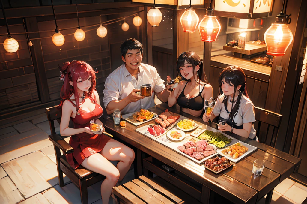Photorealistic、Highest quality、Highest Resolution、Highest quality、8K、Beautiful woman、whole body、They are grilling delicious looking yakiniku.、smile、Smile、looks fun、Izakaya、Many customers、Beer 、cheers、Beer でcheers、
