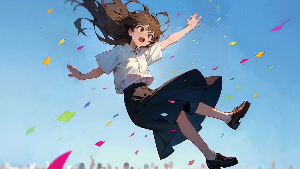 ((Highest quality)), ((masterpiece)), ((Very detailed)),Floatingする女の子,Angry expression，floating，Floating，Confetti，Brown Hair,tears,Levitating,Blue sky background,Feet in the air,tears,gravity,Long skirt,loafers,Raise both hands