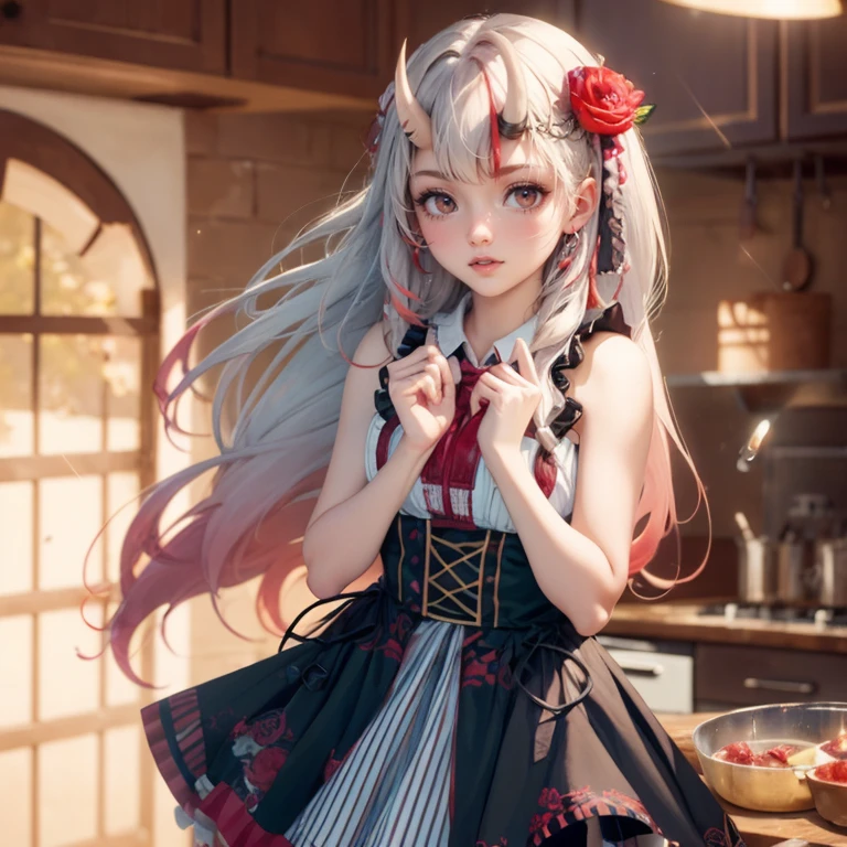 1girl, long hair, long flowing hair, floating hair, ornament hair, perfectly body, perfectly hands, rose on hair, magenta rose on hair, 1 girl, Looking at the viewer, holding a strawberry close to her mouth, flowing hair, Beautiful Eyes, Plump and glossy lips, maid maid dress, maid headdress, maid apron, white maid apron, white maid headdress, dress with too many frills, white dress, magenta laces, white Short skirt, small skirt, skirt with layers, Drape clothes, magenta gem, Lace trim, kitchen scenery, luxury gold details, gold jewelry, maid, maid dress, more details, best quality, Big sparkling eyes, blushing, Striped Lace Stockings, white Lolita skirt, sparkle, solo, centered girl, cakes on the plate, cowboy shot, perfectly body, perfectly hands, two arms, two legs, two hands, five fingers, perfect anatomy, glowing hair, magenta roses, on the kitchen, sparkles, more details on her clothes, dress with transparency, golden details on her dress, pastry utensils , cakes on focus, ((4k, masterpiece, top-quality)), 8k, best quality, high resolution, UHD, (illustration:0.8), super cute girl, delicate and beautiful face, mature girl, super cute hairstyle, (beautiful detailed eyes:1.6), extremely detailed face, perfect lighting, extremely detailed CG, (perfect hands, perfect anatomy), Best quality, cleavage