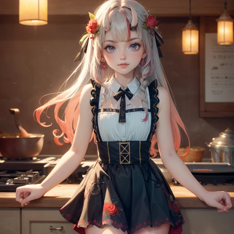 1girl, long hair, long flowing hair, floating hair, ornament hair, perfectly body, perfectly hands, rose on hair, magenta rose on hair, 1 girl, Looking at the viewer, holding a strawberry close to her mouth, flowing hair, Beautiful Eyes, Plump and glossy lips, maid maid dress, maid headdress, maid apron, white maid apron, white maid headdress, dress with too many frills, white dress, magenta laces, white Short skirt, small skirt, skirt with layers, Drape clothes, magenta gem, Lace trim, kitchen scenery, luxury gold details, gold jewelry, maid, maid dress, more details, best quality, Big sparkling eyes, blushing, Striped Lace Stockings, white Lolita skirt, sparkle, solo, centered girl, cakes on the plate, cowboy shot, perfectly body, perfectly hands, two arms, two legs, two hands, five fingers, perfect anatomy, glowing hair, magenta roses, on the kitchen, sparkles, more details on her clothes, dress with transparency, golden details on her dress, pastry utensils , cakes on focus, ((4k, masterpiece, top-quality)), 8k, best quality, high resolution, UHD, (illustration:0.8), super cute girl, delicate and beautiful face, mature girl, super cute hairstyle, (beautiful detailed eyes:1.6), extremely detailed face, perfect lighting, extremely detailed CG, (perfect hands, perfect anatomy), Best quality, cleavage