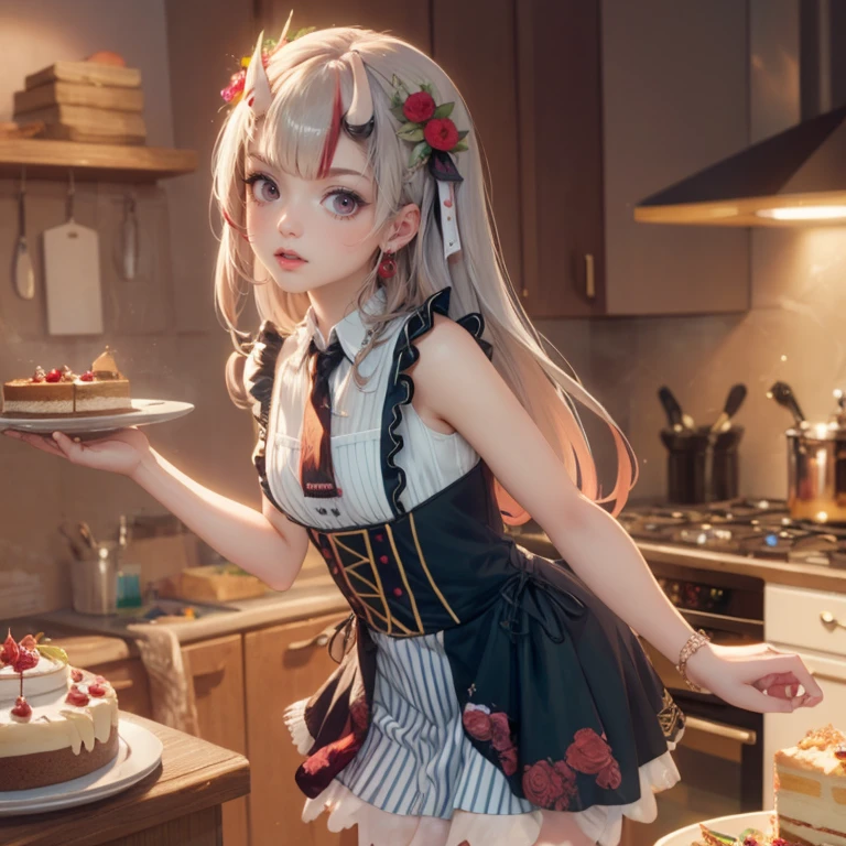 1girl, long hair, long flowing hair, floating hair, ornament hair, perfectly body, perfectly hands, rose on hair, magenta rose on hair, 1 girl, Looking at the viewer, holding a strawberry close to her mouth, flowing hair, Beautiful Eyes, Plump and glossy lips, maid maid dress, maid headdress, maid apron, white maid apron, white maid headdress, dress with too many frills, white dress, magenta laces, white Short skirt, small skirt, skirt with layers, Drape clothes, magenta gem, Lace trim, kitchen scenery, luxury gold details, gold jewelry, maid, maid dress, more details, best quality, Big sparkling eyes, blushing, Striped Lace Stockings, white Lolita skirt, sparkle, solo, centered girl, cakes on the plate, cowboy shot, perfectly body, perfectly hands, two arms, two legs, two hands, five fingers, perfect ???????, glowing hair, magenta roses, on the kitchen, sparkles, more details on her clothes, dress with transparency, golden details on her dress, pastry utensils , cakes on focus, ((4k, masterpiece, top-quality)), 8k, best quality, high resolution, UHD, (illustration:0.8), super cute girl, delicate and beautiful face, mature girl, super cute hairstyle, (beautiful detailed eyes:1.6), extremely detailed face, perfect lighting, extremely detailed CG, (perfect hands, perfect ???????), Best quality, cleavage
