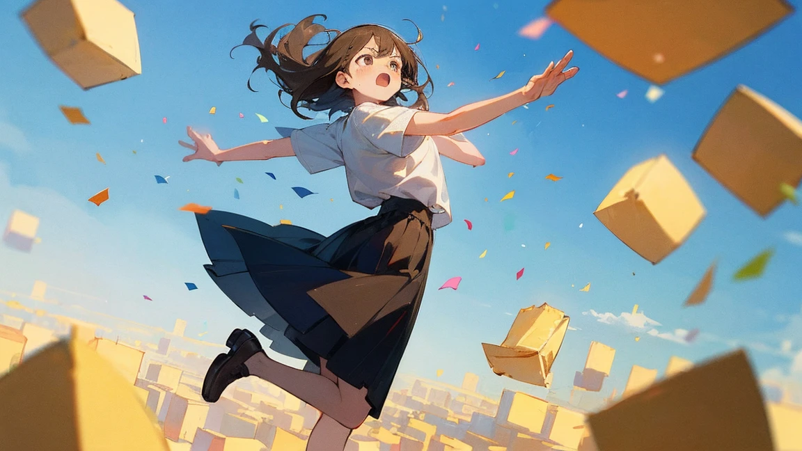 ((Highest quality)), ((masterpiece)), ((Very detailed)),Floatingする女の子,Angry expression,floating,Floating,Confetti,Brown Hair,tears,Levitating,Blue sky background,Feet in the air,tears,gravity,Long skirt,loafers,Raise both hands