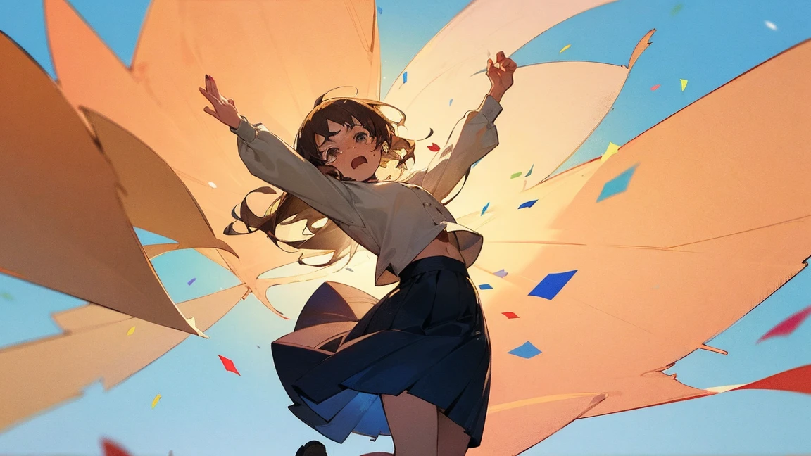 ((Highest quality)), ((masterpiece)), ((Very detailed)),Floatingする女の子,Angry expression，floating，Floating，Confetti，Brown Hair,tears,Levitating,Blue sky background,Feet in the air,tears,gravity,Long skirt,loafers,Raise both hands