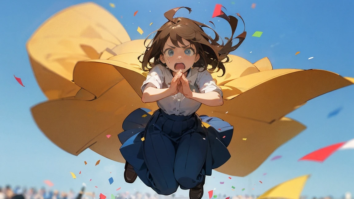 ((Highest quality)), ((masterpiece)), ((Very detailed)),Floatingする女の子,Angry expression,floating,Floating,Confetti,Brown Hair,tears,Levitating,Blue sky background,Feet in the air,tears,gravity,Long skirt,loafers,Raise both hands