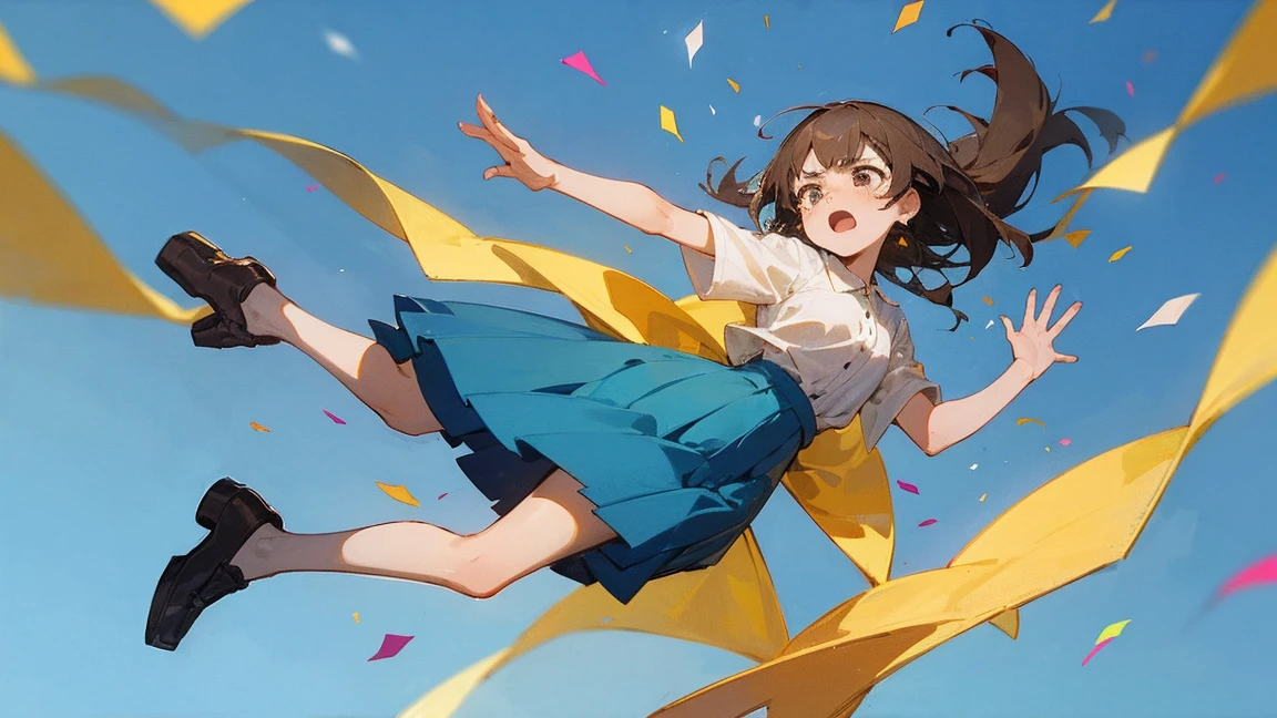 ((Highest quality)), ((masterpiece)), ((Very detailed)),Floatingする女の子,Angry expression，floating，Floating，Confetti，Brown Hair,tears,Levitating,Blue sky background,Feet in the air,tears,gravity,Long skirt,loafers,Raise both hands