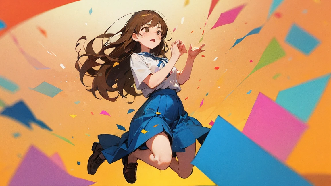 ((Highest quality)), ((masterpiece)), ((Very detailed)),Floatingする女の子,Angry expression，floating，Floating，Confetti，Brown Hair,tears,Levitating,Blue sky background,Feet in the air,tears,gravity,Long skirt,loafers,Raise both hands