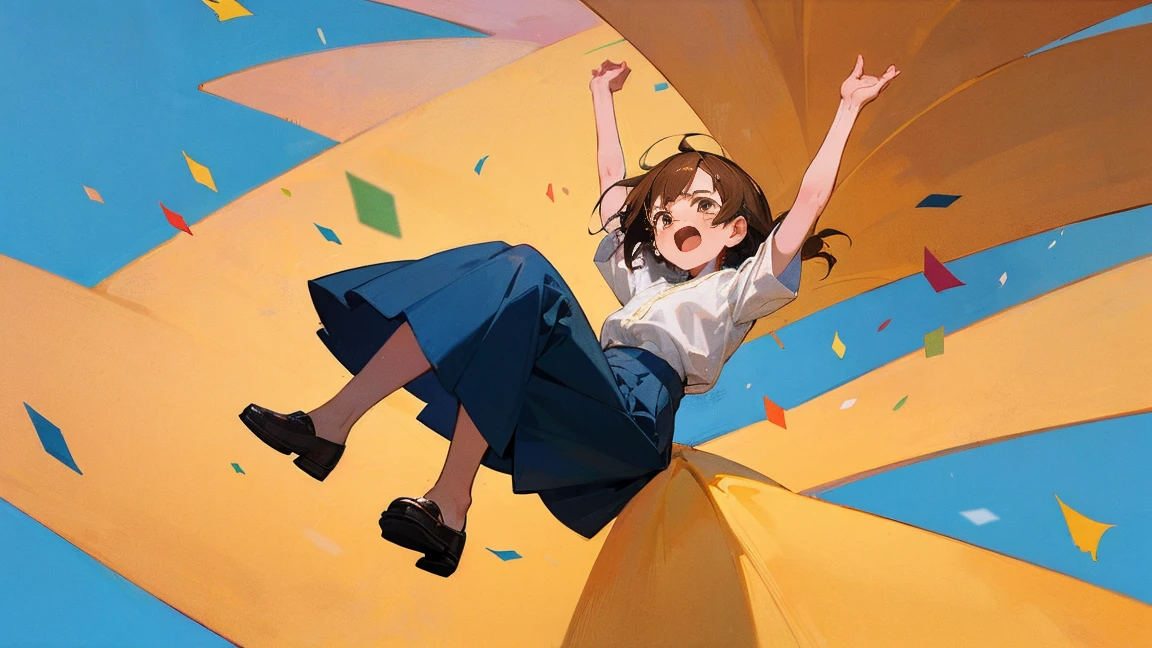 ((Highest quality)), ((masterpiece)), ((Very detailed)),Floatingする女の子,Angry expression,floating,Floating,Confetti,Brown Hair,tears,Levitating,Blue sky background,Feet in the air,tears,gravity,Long skirt,loafers,Raise both hands