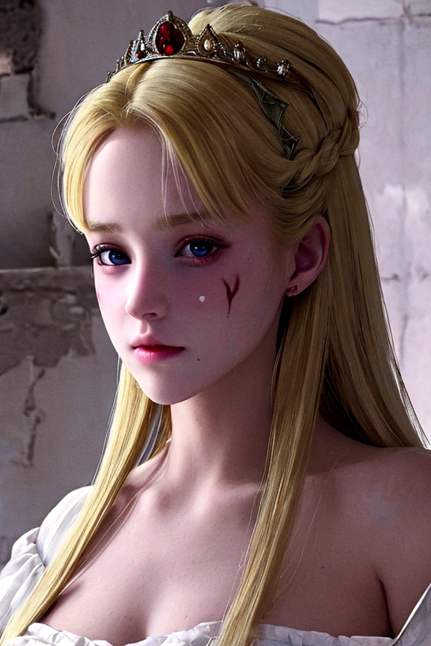 The princess has blonde hair, 20 years old, wearing a white dress.  her beauty is combined with the horror of the wounds on her face and body.  he was standing in an abandoned castle.  terrible atmosphere.