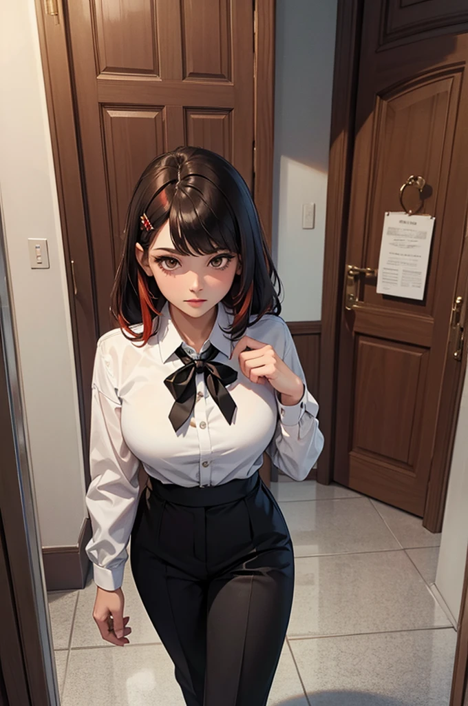 masterpiece, Highest quality, Super detailed, figure, Spectacular lighting, Structure of the film, isometric, One girl, alone, cute, Brown eyes, Black Hair, Swept-apart bangs, Single Side Lock, Red Hair Clip, White collared shirt, Black tie, Black trousers, formal, Captivating Gaze, Seductive pose, indoors, office, door, opening door, View your viewers, show one&#39;s upper body, blush, Captivating smile, Mouth closed,(8K:1.1),