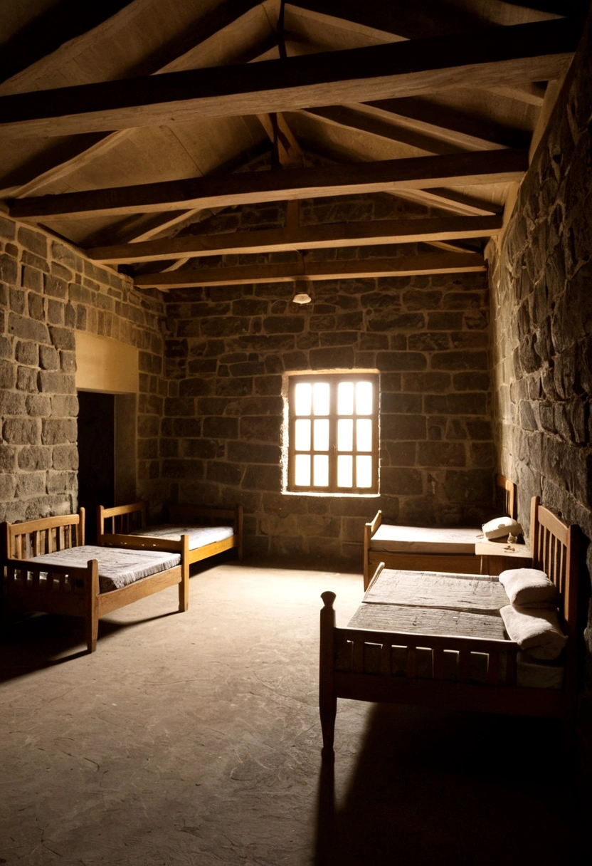 room in a shelter home, where you can see beds for orphans and toys with chests next to the beds, darkness in the room, light from an open door on the floor, wood and stone great room, tables and chairs, orphans' bedroom, night, they are all sleeping