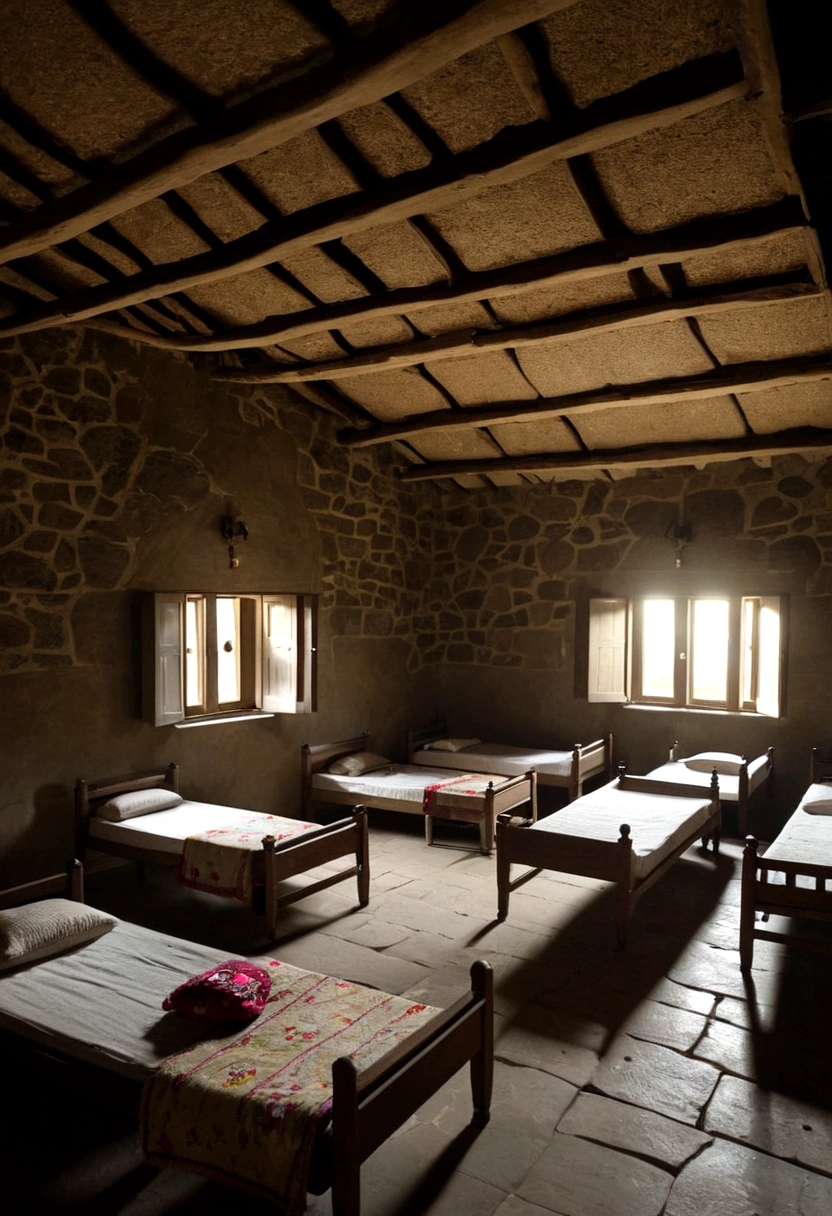 room in a shelter home, where you can see beds for orphans and toys with chests next to the beds, darkness in the room, light from an open door on the floor, wood and stone great room, tables and chairs, orphans' bedroom, night, they are all sleeping