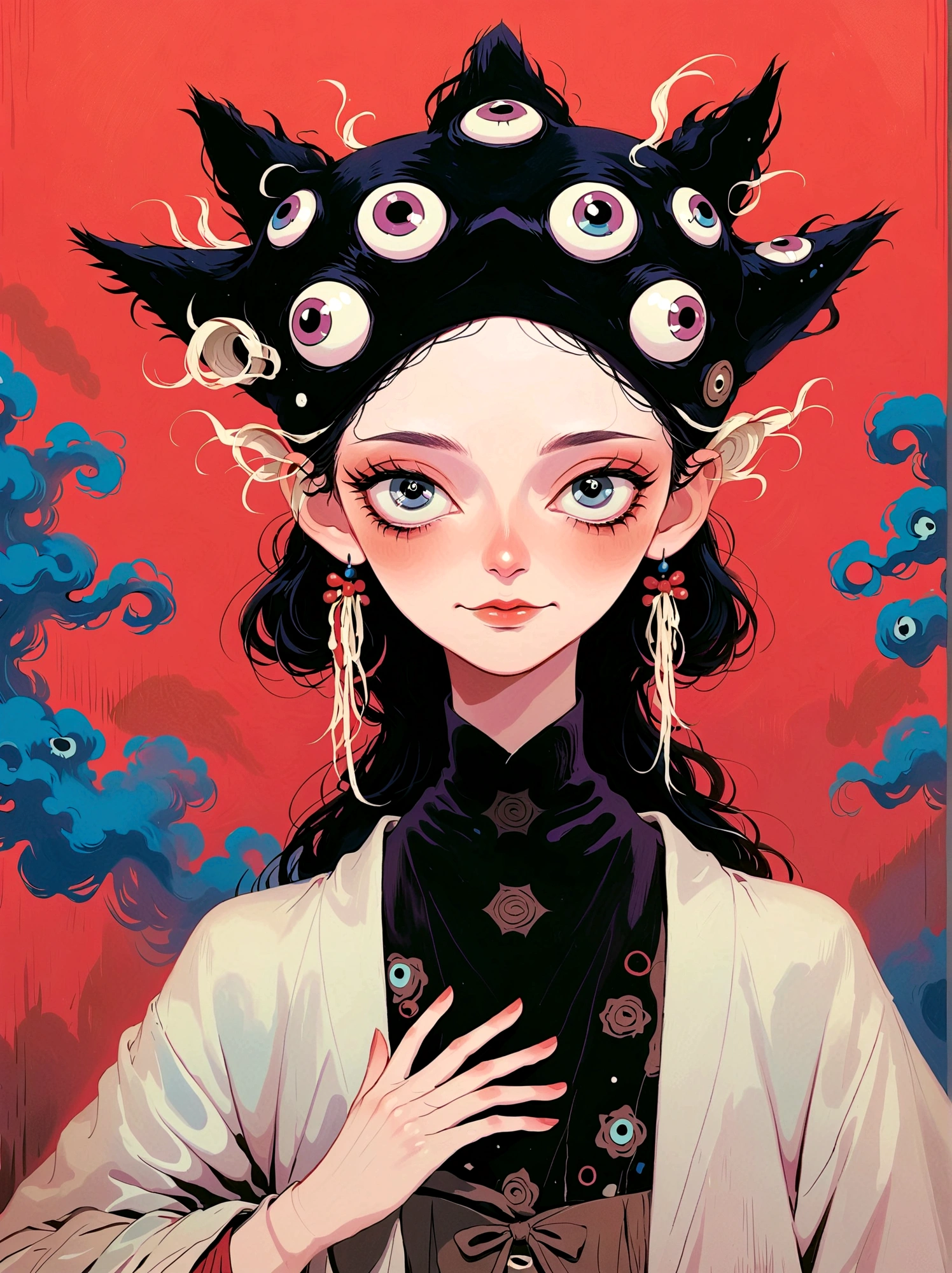 3 Eyed Monster，girl，Many eyes on a tall hat，Japanese clothing，Japanese horror style Japanese pop surrealism, author：Yukika Kosaka, Nguyen Gia and Joao Nguyen, 
