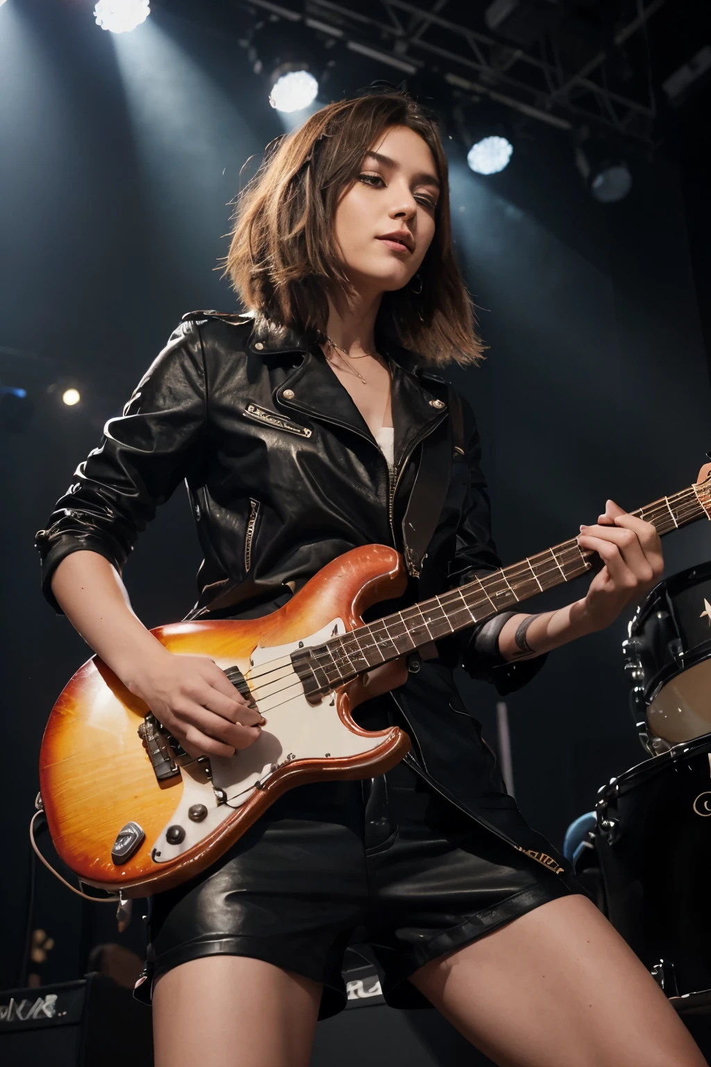 Create an image of a rock band performing live in front of a large audience. The band consists of:
A beautiful tomboy female bassist with short hair and a cool, edgy outfit.
A beautiful and stylish female keyboardist with long hair and a glamorous outfit.
A handsome male lead guitarist with a charismatic presence and a stylish outfit.
A male drummer with a confident and energetic vibe.
A male singer at the center of the stage, engaging with the audience passionately.
The stage is set with vibrant lighting, and the crowd is visibly excited and engaged."