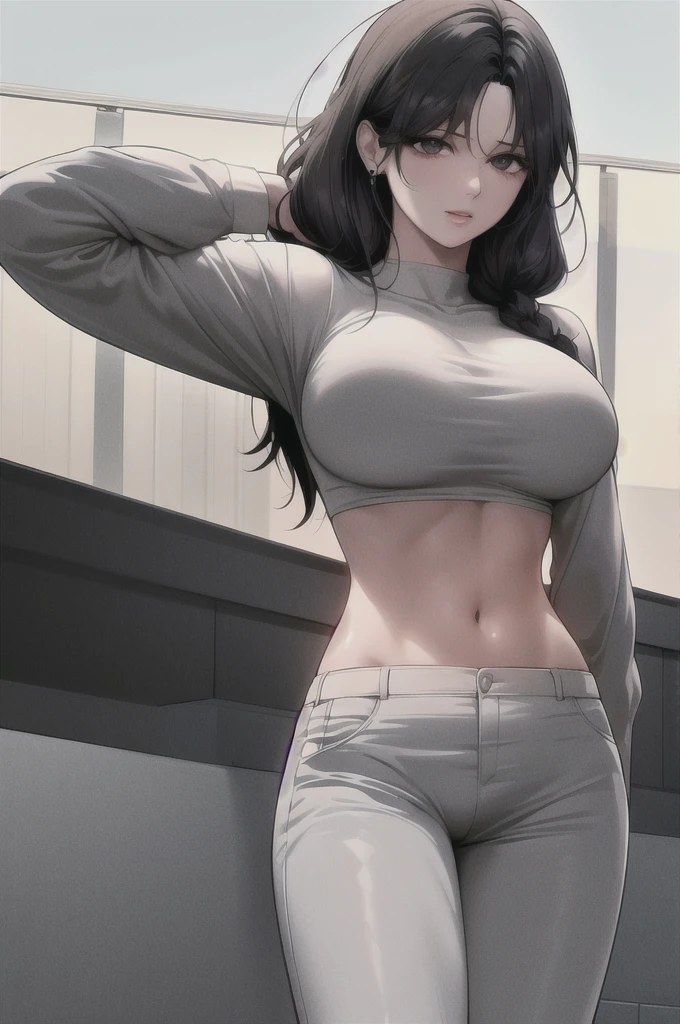 black hair,yellow eyes,(high quality eyes),masterpiece, best quality, high quality, highres, outdoors, looking at viewer, white shirt, crop top, midriff, navel, white pants, Jenny, tall female,big breasts, tassel earrings,
