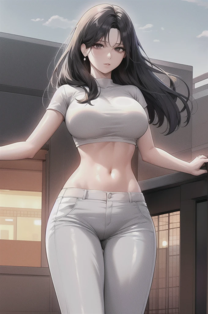 black hair,yellow eyes,(high quality eyes),masterpiece, best quality, high quality, highres, outdoors, looking at viewer, white shirt, crop top, midriff, navel, white pants, Jenny, tall female,big breasts, tassel earrings,
