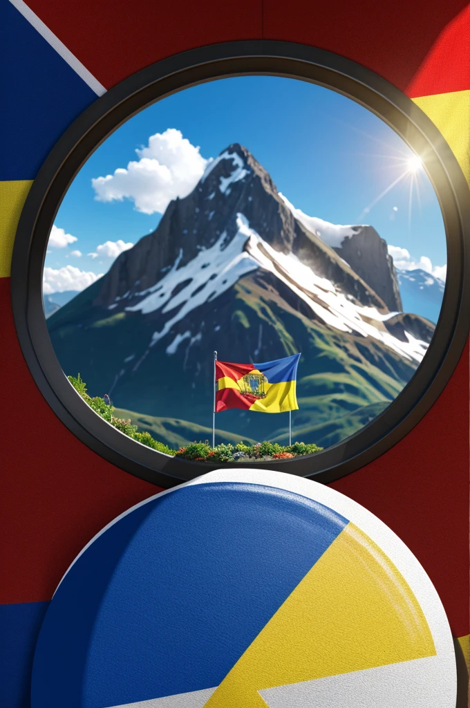 Asme a 3D circular logo with a boy with a mountain pass and the flag of Ecuador in the background