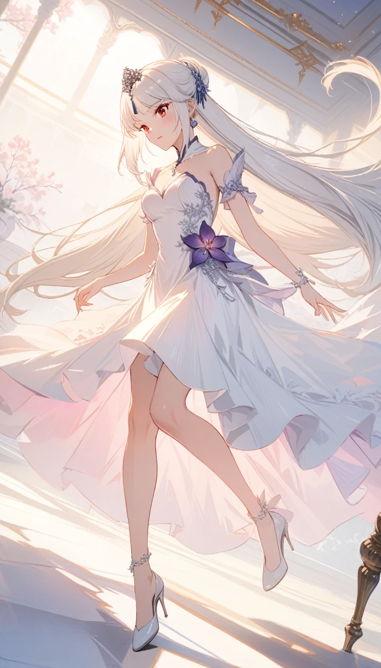 (CG 8k wallpapers are extremely detailed, masterpiece, best quality, Extremely detailed), (Better lighting, Better shadows, Extremely refined), floating, High Saturation, Dynamic Angle, ((1 Girl)), Gorgeous, Ningguang(Orchid Evening Dress) White hair, Red Eyes, Very long hair, Hair accessories, Bangs