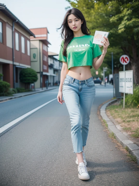 (best quality, Masterpiece, Realistic photos, very detailed, Ultra high resolution, raw:1.3), 1 woman, beautiful, Japan, in university, A young university girl wears a green button-up crop top., Blue Jeans, showing navel, College Student, navel, (canvas shoes, ขาbeautiful, full body), Walking place, holding a book, Dress well