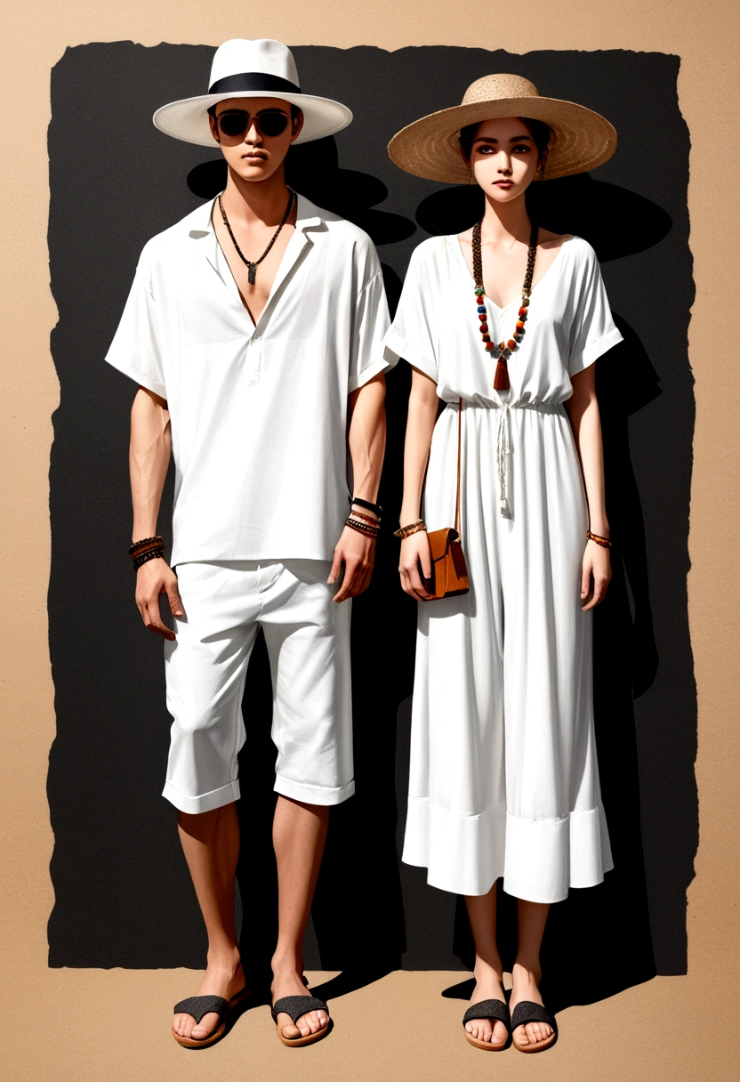 candid a hand drawing fashion sketching of good looking young man and woman, both aged 20 year old, ((showcase fashion in a White cotton-rayon outfits)), inspired by ZARA's resort collection blending local culture and nature in elegant bohemian style. The man wears an oversized short-sleeved bowling white shirt, paired with relaxed-fit white Drape Straight Pants, He completes his look with white leather-strap flip-flops, wooden-framed sunglasses, and a woven bracelet. The woman complements him in (a white a white rayon Drawstring-detail dress), Her ensemble includes with wooden accessorizes with a wide-brimmed straw hat, beaded-strap sandals and necklace. Captured in a ((full-body pose)), , ((paper material background)), realistic charcoal lines, imperfect drawing, charcoal crumbs, charcoal lines, imperfection, fading sketch, sQueratogray Sketch (eddiemauro-mix)