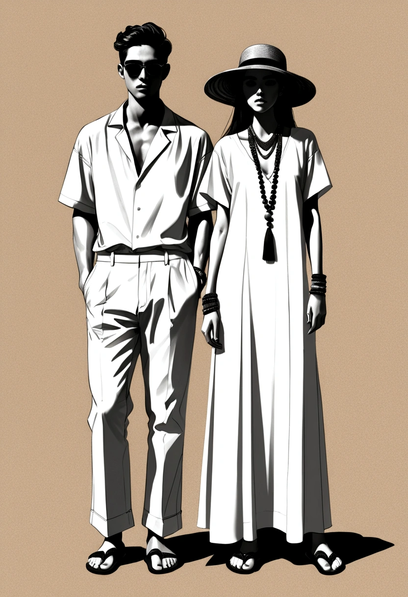 candid a hand drawing fashion sketching of good looking young man and woman, both aged 20 year old, ((showcase fashion in a White cotton-rayon outfits)), inspired by ZARA's resort collection blending local culture and nature in elegant bohemian style. The man wears an oversized short-sleeved bowling white shirt, paired with relaxed-fit  white Drape Straight Pants, He completes his look with white leather-strap flip-flops, wooden-framed sunglasses, and a woven bracelet. The woman complements him in (a white a white rayon Drawstring-detail dress), Her ensemble includes with wooden accessorizes with a wide-brimmed straw hat, beaded-strap sandals and necklace. Captured in a ((full-body pose)), , ((paper material background)), realistic charcoal lines, imperfect drawing, charcoal crumbs, charcoal lines, imperfection, fading sketch, sQueratogray Sketch (eddiemauro-mix)