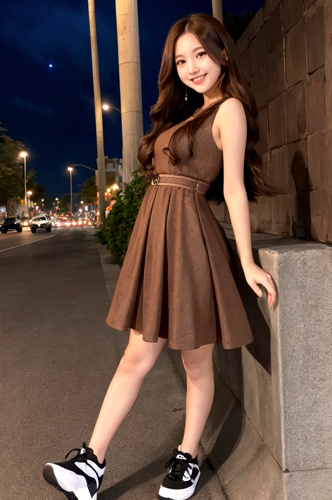 1woman, idol, long hair, brown hair, night view, street、20th Generation、Sleeveless dress、sneakers、Short skirt、smile