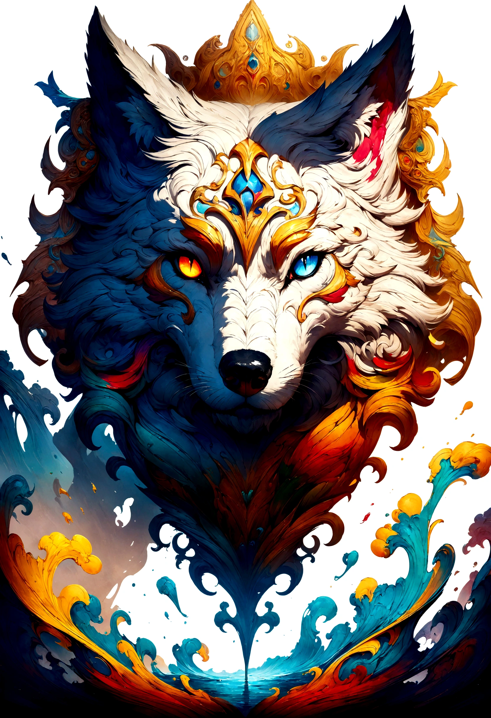 Splash art, a wolf head, ((white background)), piercing eyes, epic Instagram, artstation, splash style of colorful paint, contour, hyperdetailed intricately detailed , unreal engine, fantastical, intricate detail, splash screen, complementary colors, fantasy concept art, 8k resolution, deviantart masterpiece, oil painting, heavy strokes, paint dripping, splash arts